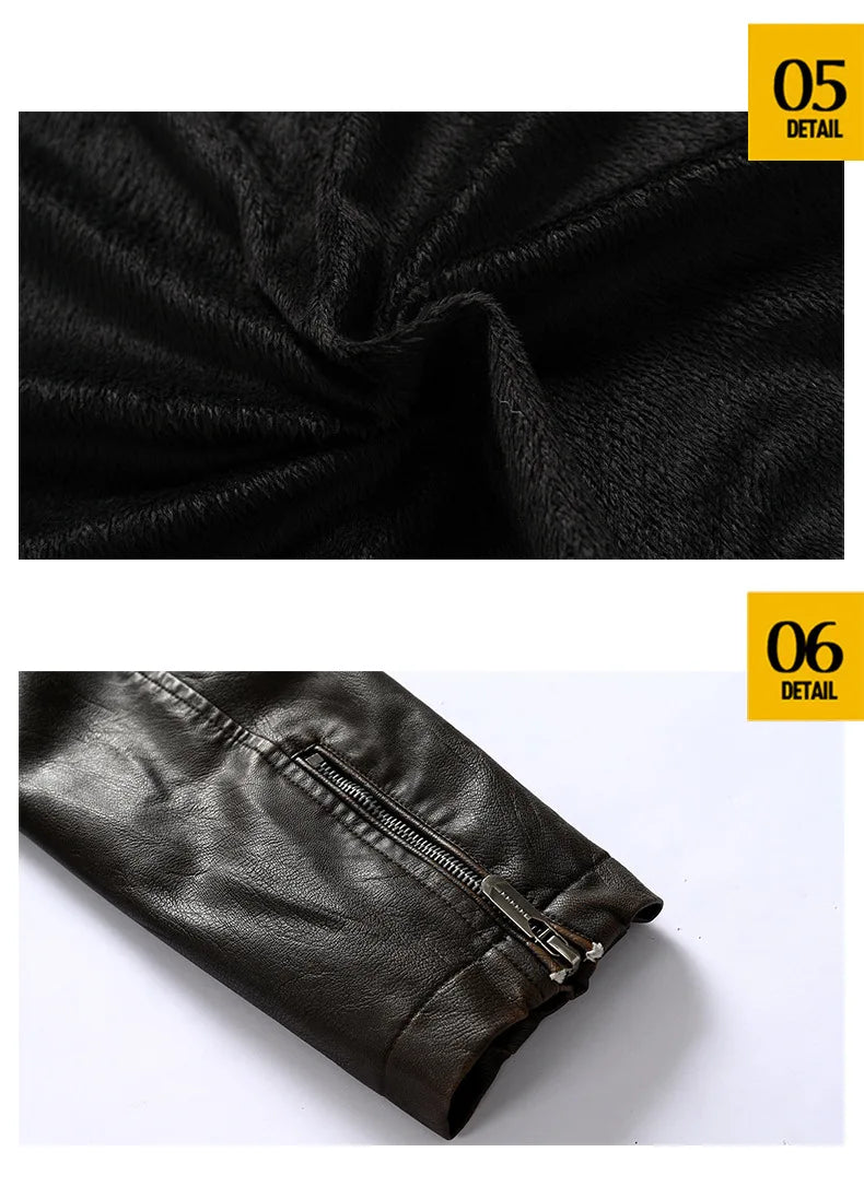 Autumn Winter Outdoor Casual Motor Biker PU Leather Jacket Men Fashion Leather Jacket Men Motorcycle Slim Fleece Jacket Coat