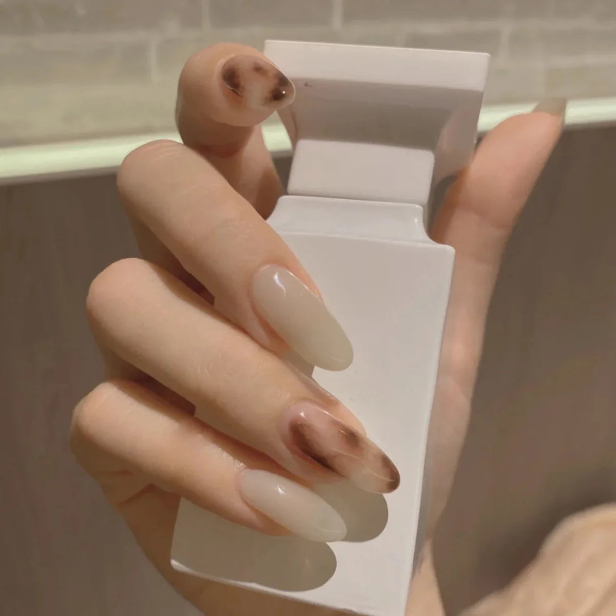 24ps/Box Long Ballerina Full Cover Artificial French False Nails Art Green Graffiti Color Blocking Gold Thread Fake Nail Tips
