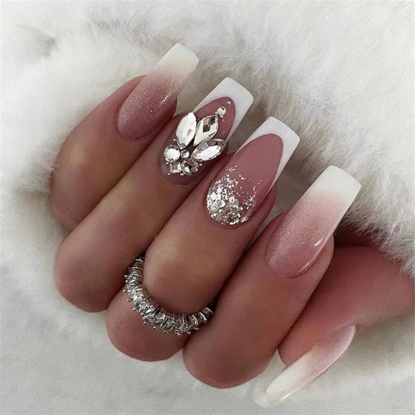 24p Artificial Acrylic Nail Art Fake Nails Full Coverage Removable Press On Nails Tip French Light Pink Heart False Nail Designs