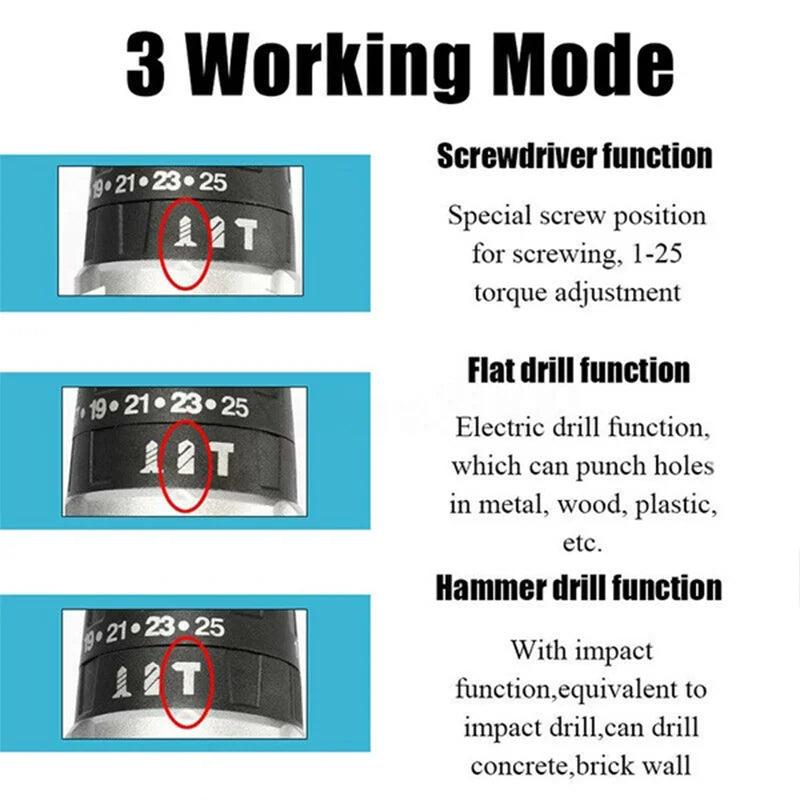 Gisam Battery Impact Screwdriver Multifunctional Cordless Drill Power Tool 25+3 Torque Setting 2 Gear Speed Electric Screwdriver