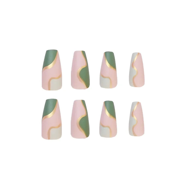 24ps/Box Long Ballerina Full Cover Artificial French False Nails Art Green Graffiti Color Blocking Gold Thread Fake Nail Tips