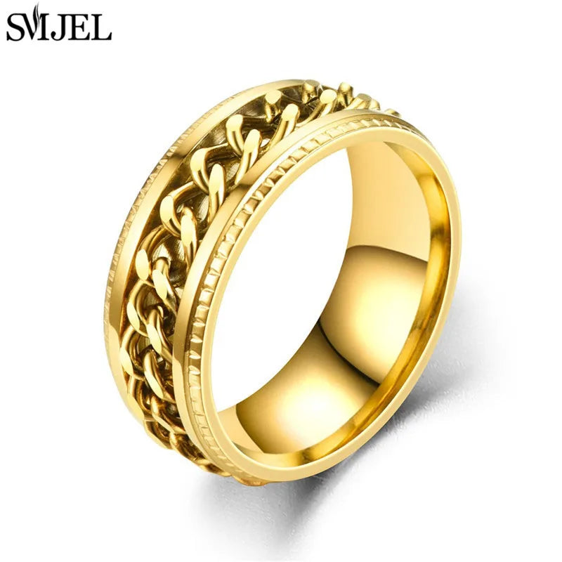 Cool Stainless Steel Rotatable Chain Men' Ring Multifunctional Fashion 8mm Fidget Spinner Rings Couple Jewelry bague homme 2024
