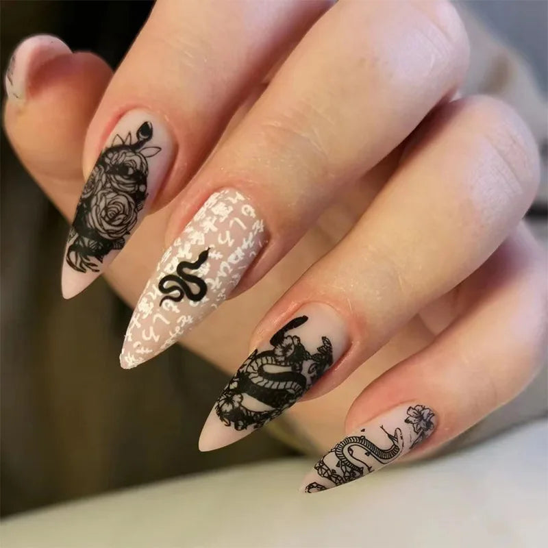 24ps/Box Long Ballerina Full Cover Artificial French False Nails Art Green Graffiti Color Blocking Gold Thread Fake Nail Tips