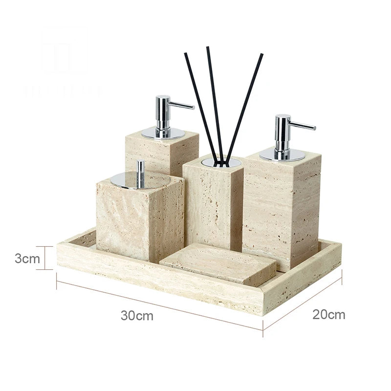 Beige Travertine Bathroom Accessories Set Natural Marble Soap Dispenser Soap Dish Reed Diffuser Vanity Tray Bathroom Set