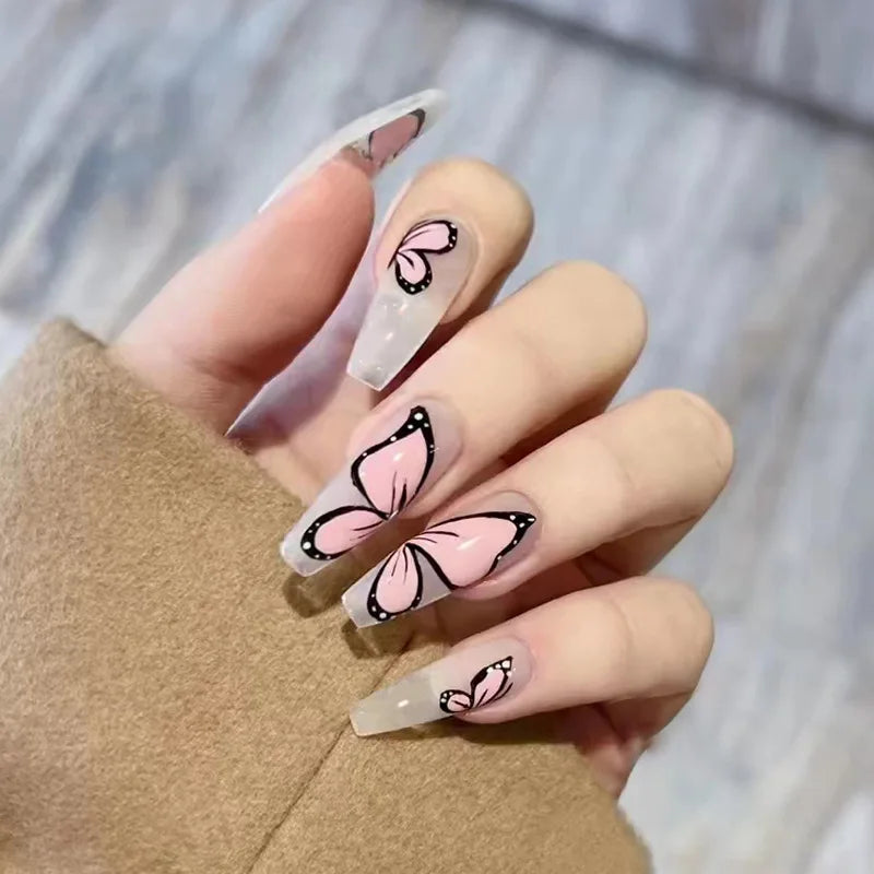 24Pcs Mid-length Ballet False Nails Cute Childlike Rainbow Press On Nails Iced Through Milk Tea Fake Nails Free Shipping Items