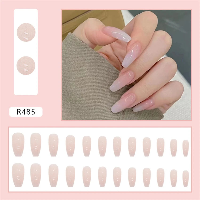 24PC/Box Fashion False Nails Artificial Milky White Pink Gradients Long Ballet Nail Tips Full Cover Acrylic Fake Nails With Glue