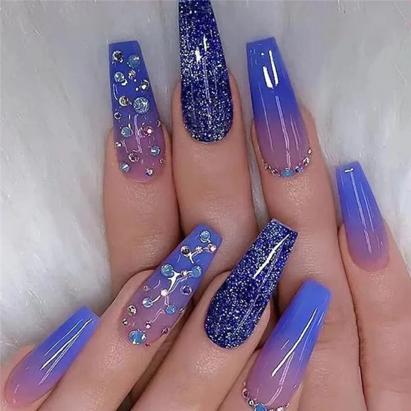 24Pcs Long Ballet Press On Nail Art Wearing Manicure Glitter Point Drill False Nails Removable Full Cover Artificial Fake Nails