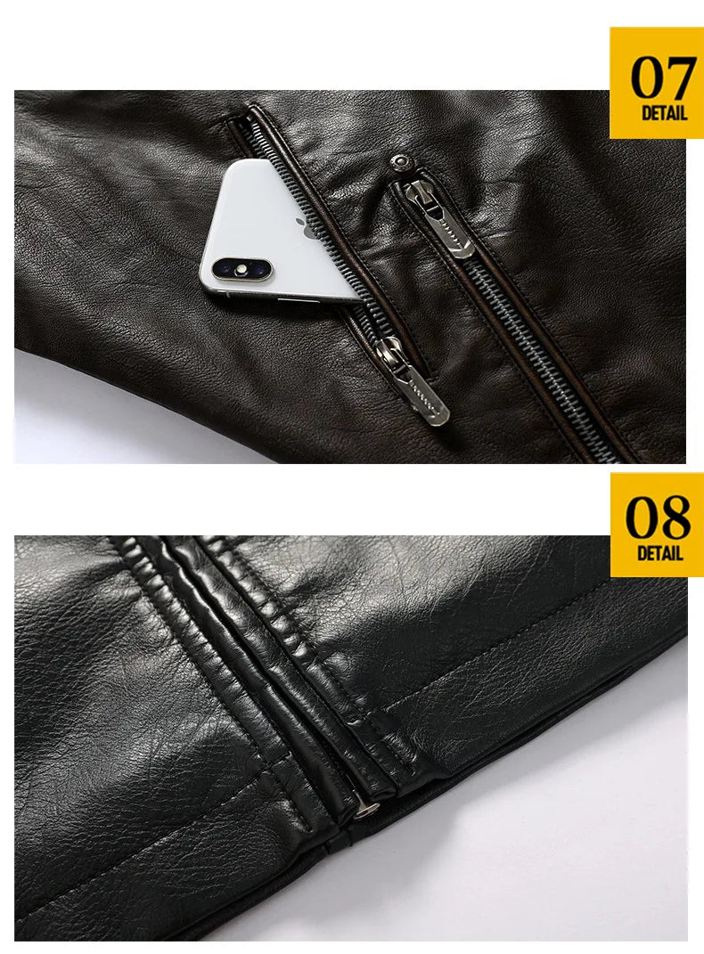 Autumn Winter Outdoor Casual Motor Biker PU Leather Jacket Men Fashion Leather Jacket Men Motorcycle Slim Fleece Jacket Coat