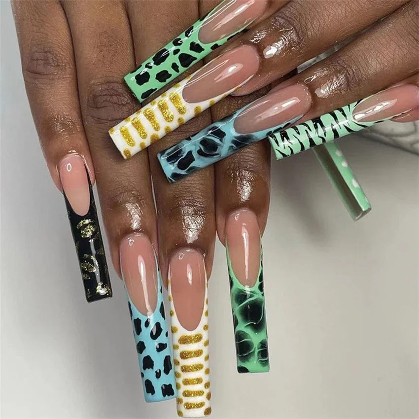 24p Artificial Acrylic Nail Art Fake Nails Full Coverage Removable Pressing Nail Tips Lotus Root Pink Leopard Print False Nails