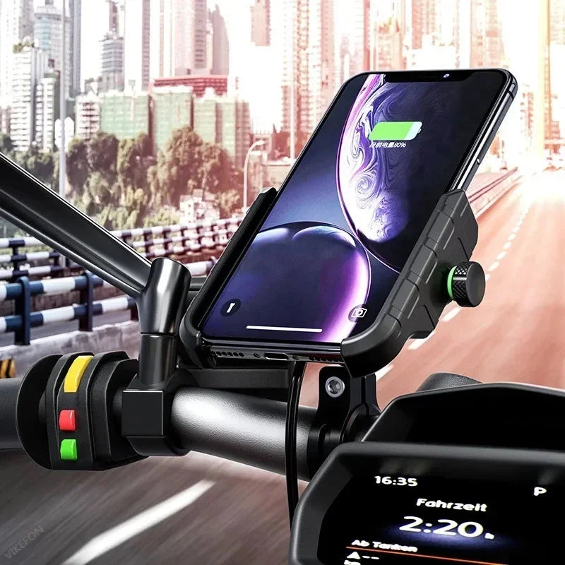 Motorcycle Phone Holder Moto Motorbike Mirror Mobile Handlebar Stand Support USB Charger Fast Wireless Charging Cellphone Mount