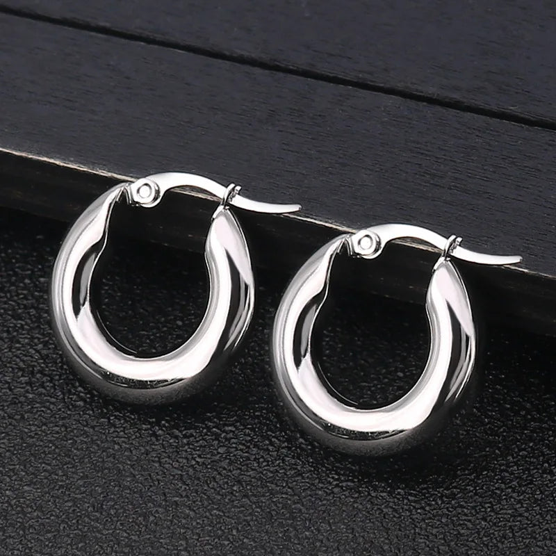 Surgical Steel Gold Color Tone Women Fat Chunky Earrings Stainless Wives Round Smooth Thick Hoops Statement Jewelry 20mm/25mm
