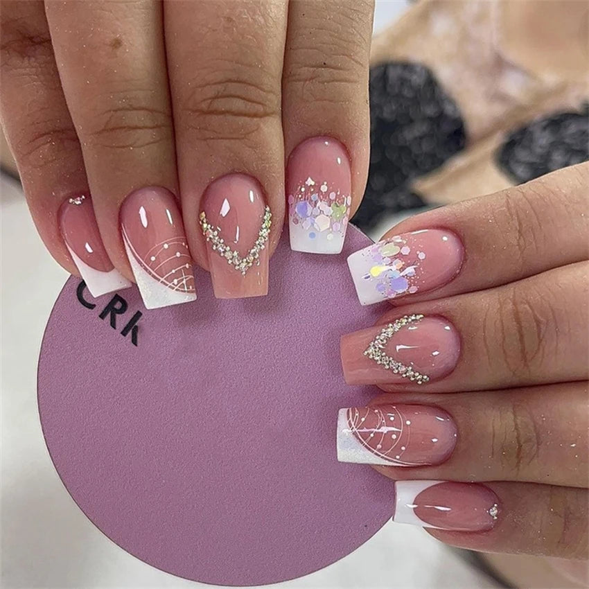 24Pcs Medium Long Ballet Fake Nails Art Flat Head Gold Line Frosted False Nails Press on Full Cover Removable Stick on Nail Tips