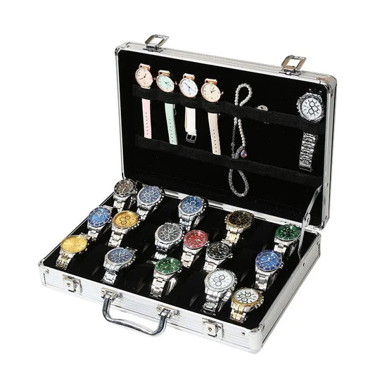 32/12/6 Slots Large Capacity for Jewelry Organization Silver Aluminum Alloy Watch Storage Box Multi-Purpose Metal Box with Lock