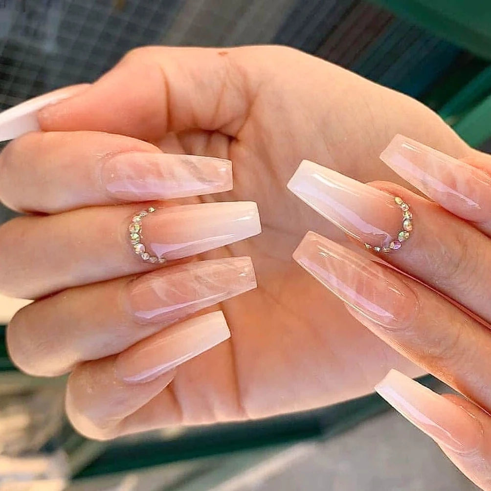 24Pcs Medium Long Ballet Fake Nails Art Flat Head Gold Line Frosted False Nails Press on Full Cover Removable Stick on Nail Tips
