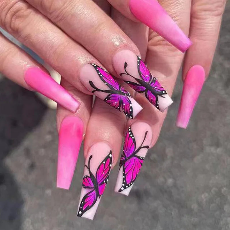 24Pcs Long Ballet Press On Nail Art Wearing Manicure Glitter Point Drill False Nails Removable Full Cover Artificial Fake Nails