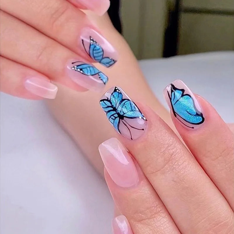 24Pcs Long Ballet Press On Nail Art Wearing Manicure Glitter Point Drill False Nails Removable Full Cover Artificial Fake Nails