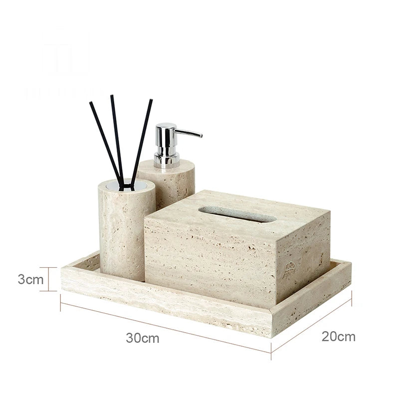 Beige Travertine Bathroom Accessories Set Natural Marble Soap Dispenser Soap Dish Reed Diffuser Vanity Tray Bathroom Set
