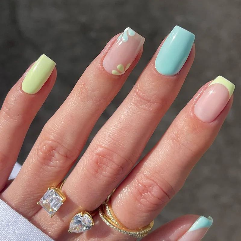 24pcs French Green Edge Seamless Removable Fake Nails Capsule Finished Full Cover Waterproof Artificial Press On False Nails