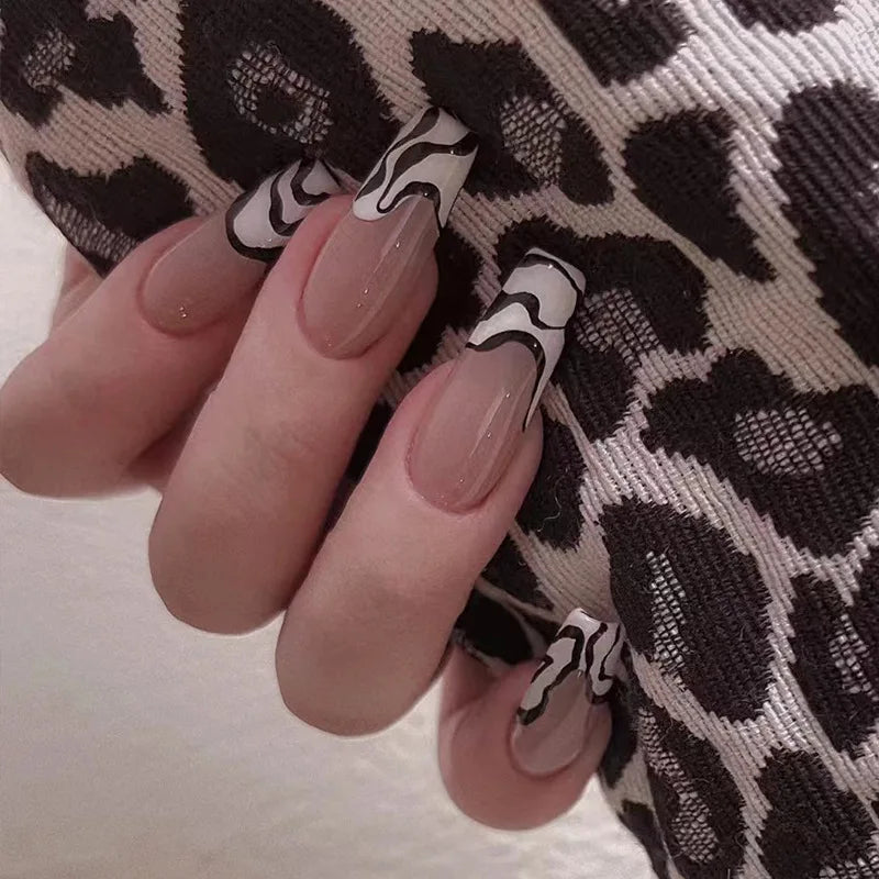 24ps/Box Long Ballerina Full Cover Artificial French False Nails Art Green Graffiti Color Blocking Gold Thread Fake Nail Tips