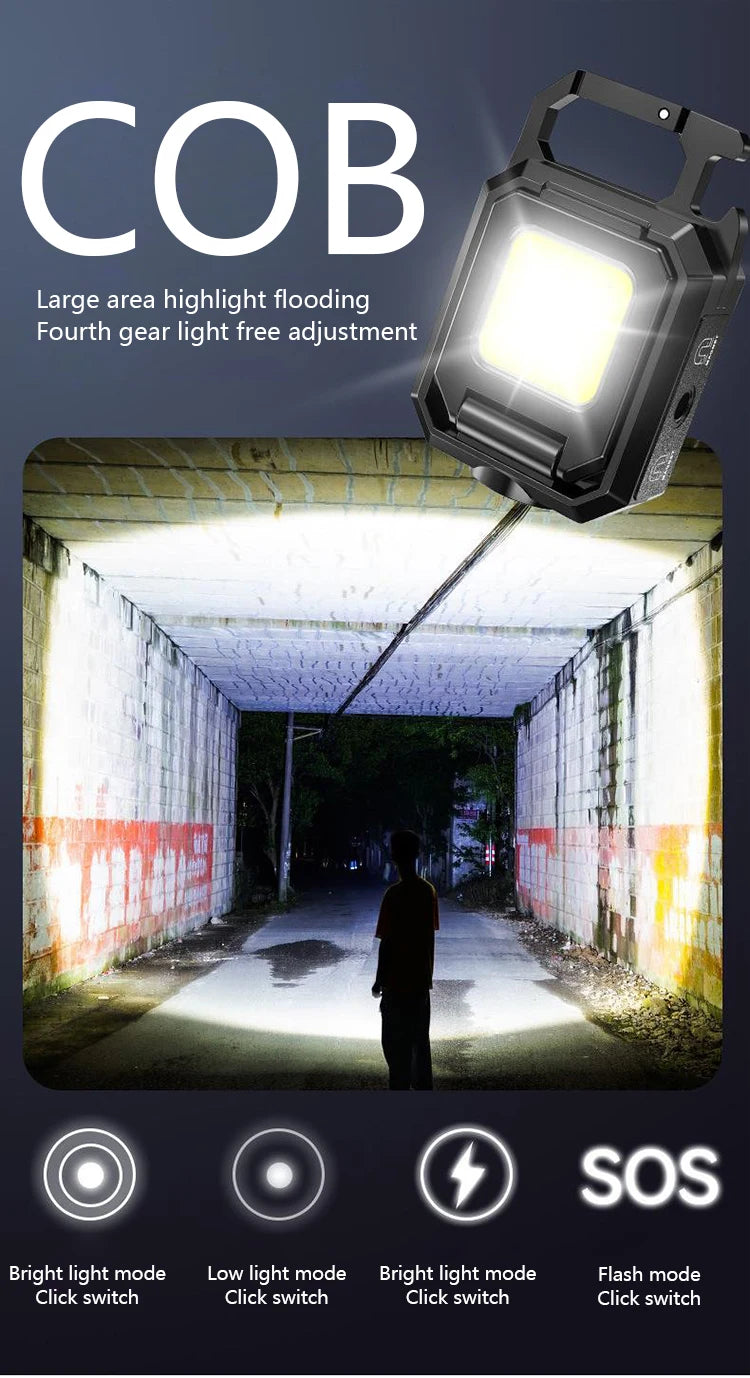 XPE Pocket Work Light 1000LM COB LED Mini Keychain Light USB Rechargeable Flashlight IPX4 Waterproof for Outdoor Camping Hiking