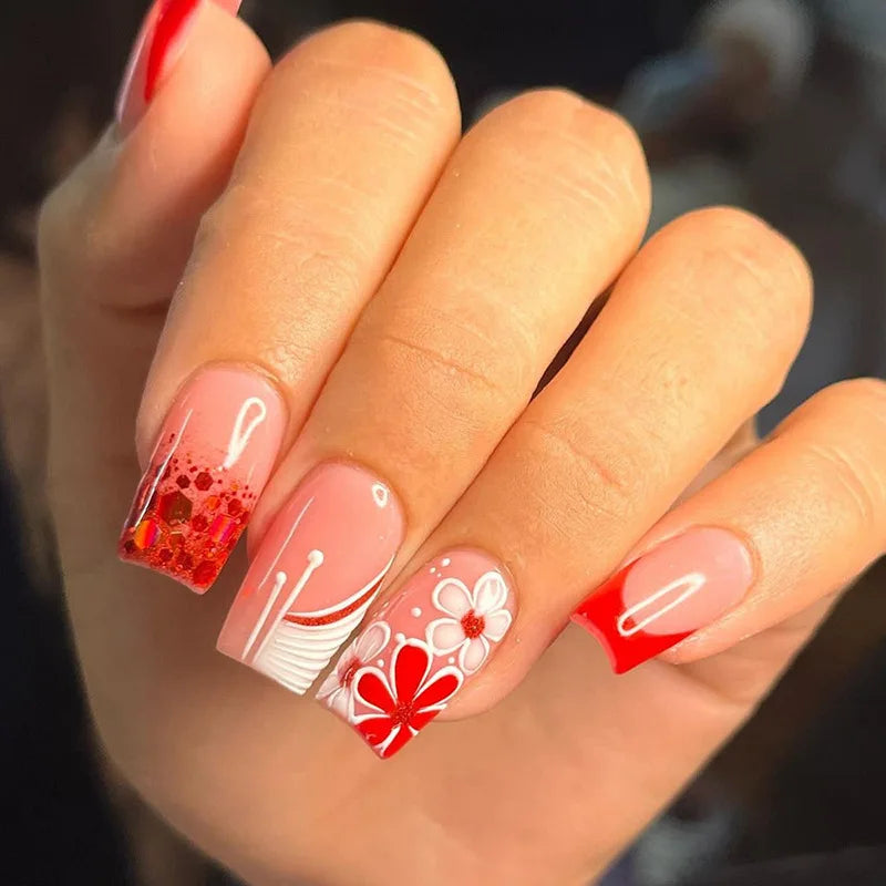 24Pcs Medium Long Ballet Fake Nails Art Flat Head Gold Line Frosted False Nails Press on Full Cover Removable Stick on Nail Tips