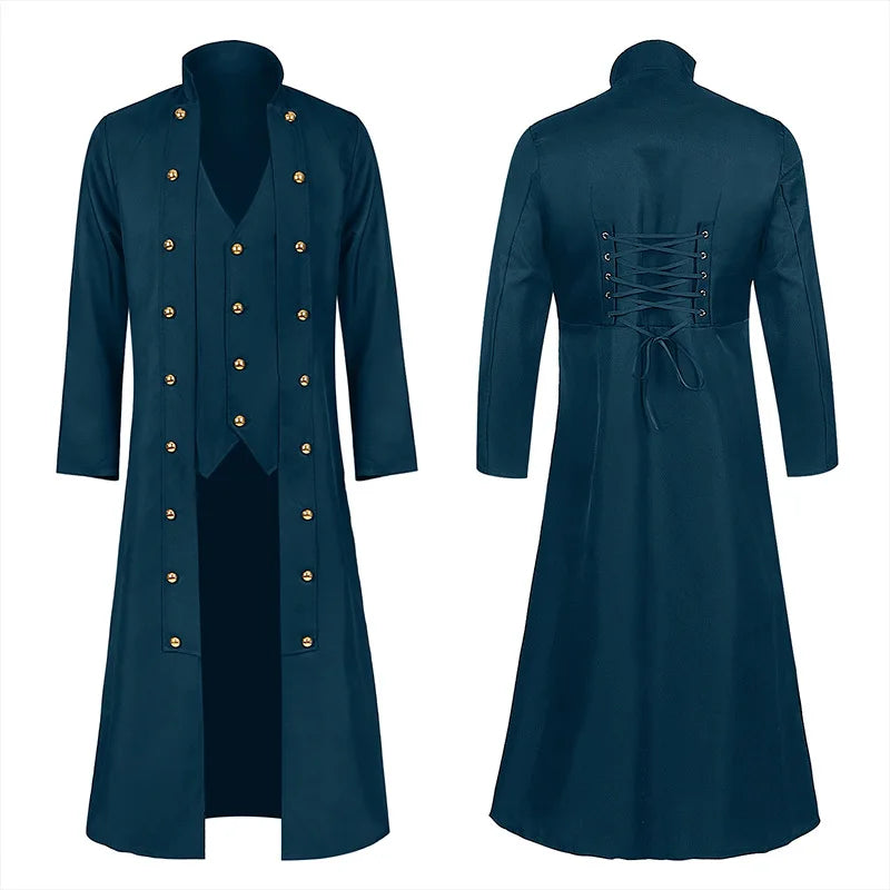 Medieval Men Vintage Costumes Steampunk Gothic Black Long Jacket Coat Vampire Cosplay Pirate Halloween Outfit Men's Trenchcoat