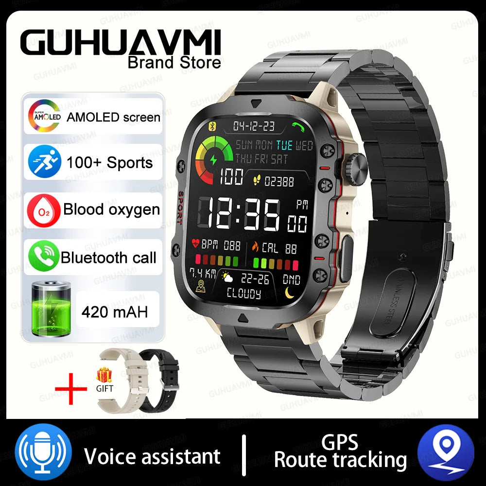 Military GPS Tracker Smart Watch Men IP68 5ATM Outdoor Sports Fitness Tracker Health Monitor 1.96" BT Call Smartwatch For Xiaomi