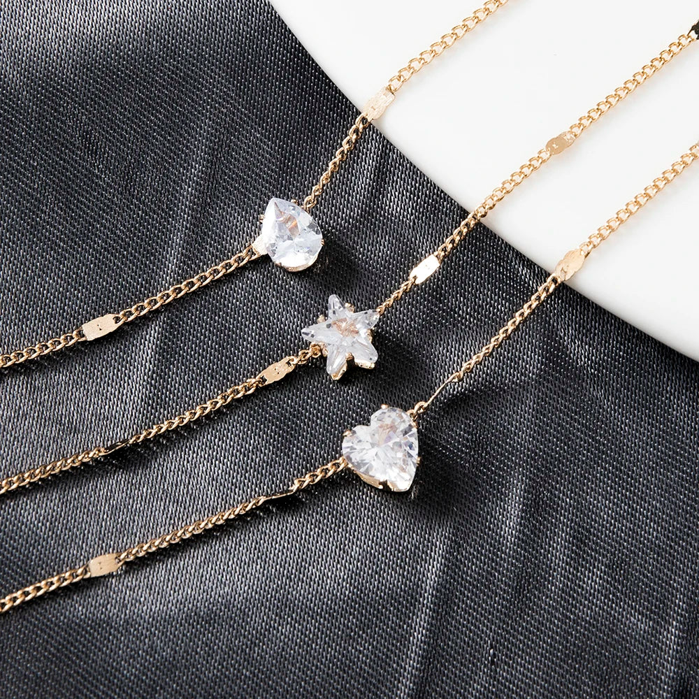 1Pc Multi-layered Dainty Light Luxury Water Drop Love Heart Star Set Chain Pendant Metal Collarbone Necklace Gift For Girl Women
