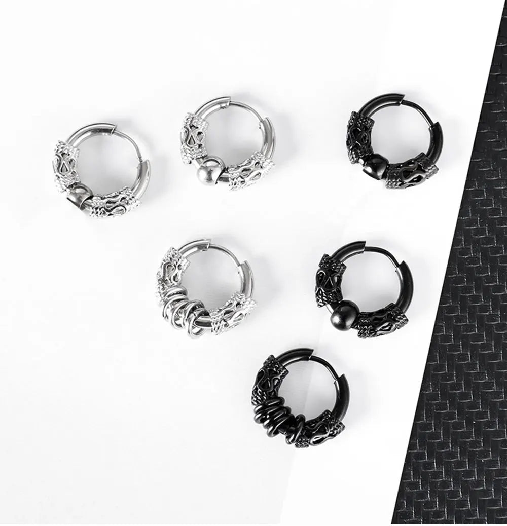 1Pair Punk Stainless Steel Round Circle Totem Hoop Earrings For Men Women Not Fade Ear Rings Hip Hop Male Jewelry