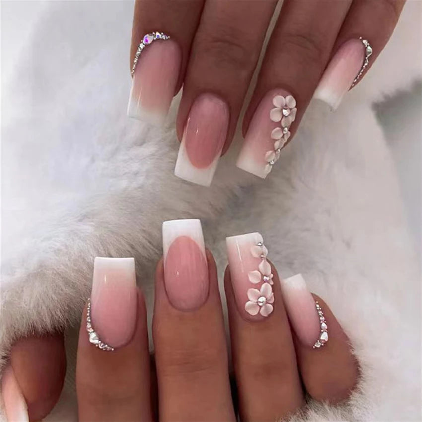 24Pcs Medium Long Ballet Fake Nails Art Flat Head Gold Line Frosted False Nails Press on Full Cover Removable Stick on Nail Tips