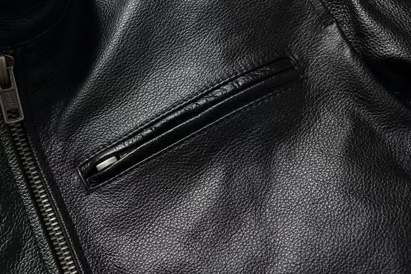 Vintage Black Brown Real Cowhide Genuine Leather Jacket Real Fur Men's Leather Jacket Bomber Men Leather Jacket Motorcycle Coat