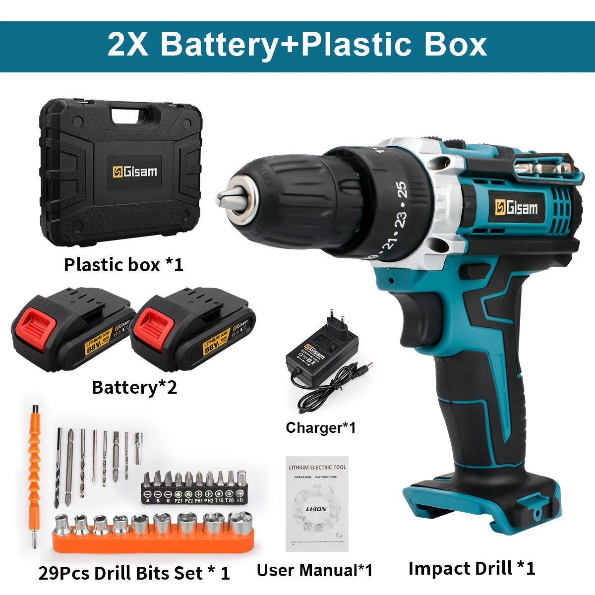 Gisam Cordless Drill Rechargeable Electric Screwdriver Electric Drill Mini Wireless Hand Drill Lithium-Ion Battery Power Tools