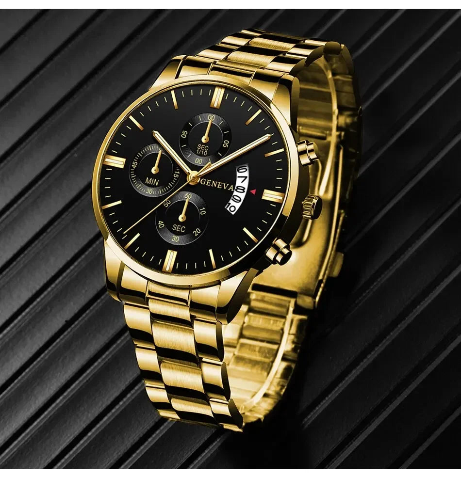 2023 Fashion Men Gold Stainless Steel Watch Luxury Calendar Quartz Wrist Watch Mens Business Watches for Man Clock Reloj Hombre