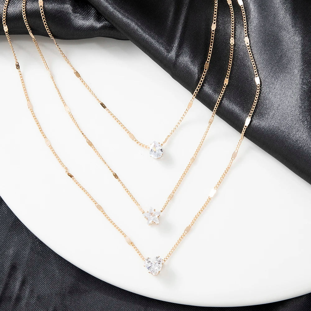 1Pc Multi-layered Dainty Light Luxury Water Drop Love Heart Star Set Chain Pendant Metal Collarbone Necklace Gift For Girl Women
