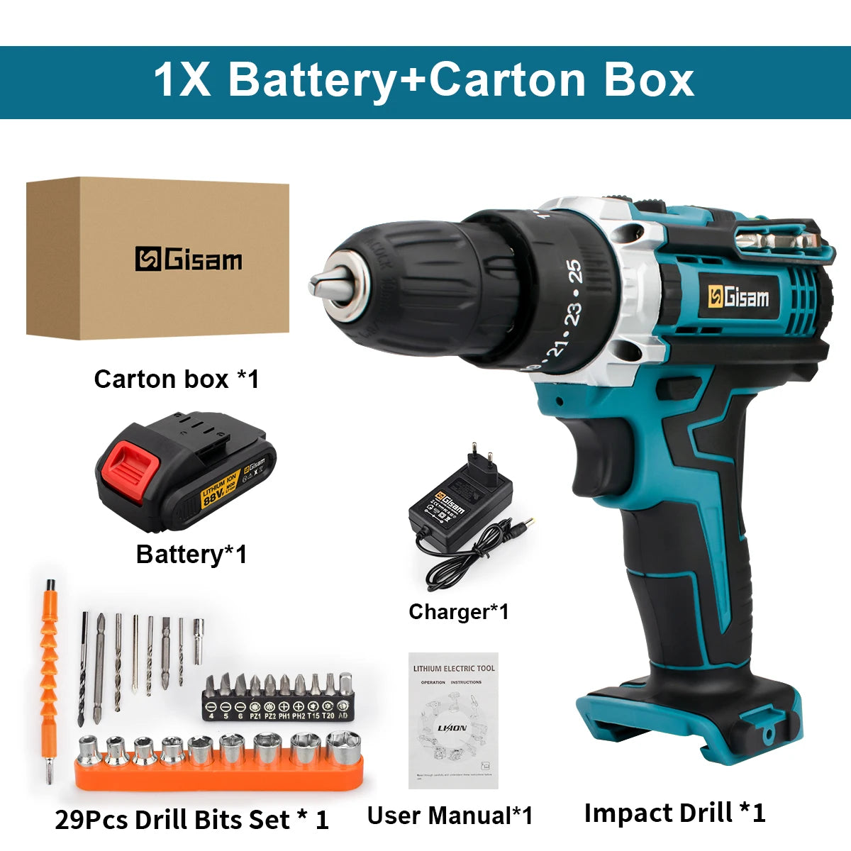 Gisam Cordless Drill Rechargeable Electric Screwdriver Electric Drill Mini Wireless Hand Drill Lithium-Ion Battery Power Tools