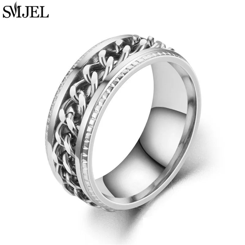 Cool Stainless Steel Rotatable Chain Men' Ring Multifunctional Fashion 8mm Fidget Spinner Rings Couple Jewelry bague homme 2024