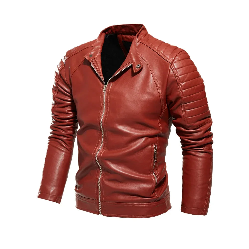 2024 Winter Black Leather Jacket Men Fur Lined Warm Motorcycle Jacket Slim Street Fashion BLack Biker Coat Pleated Design Zipper