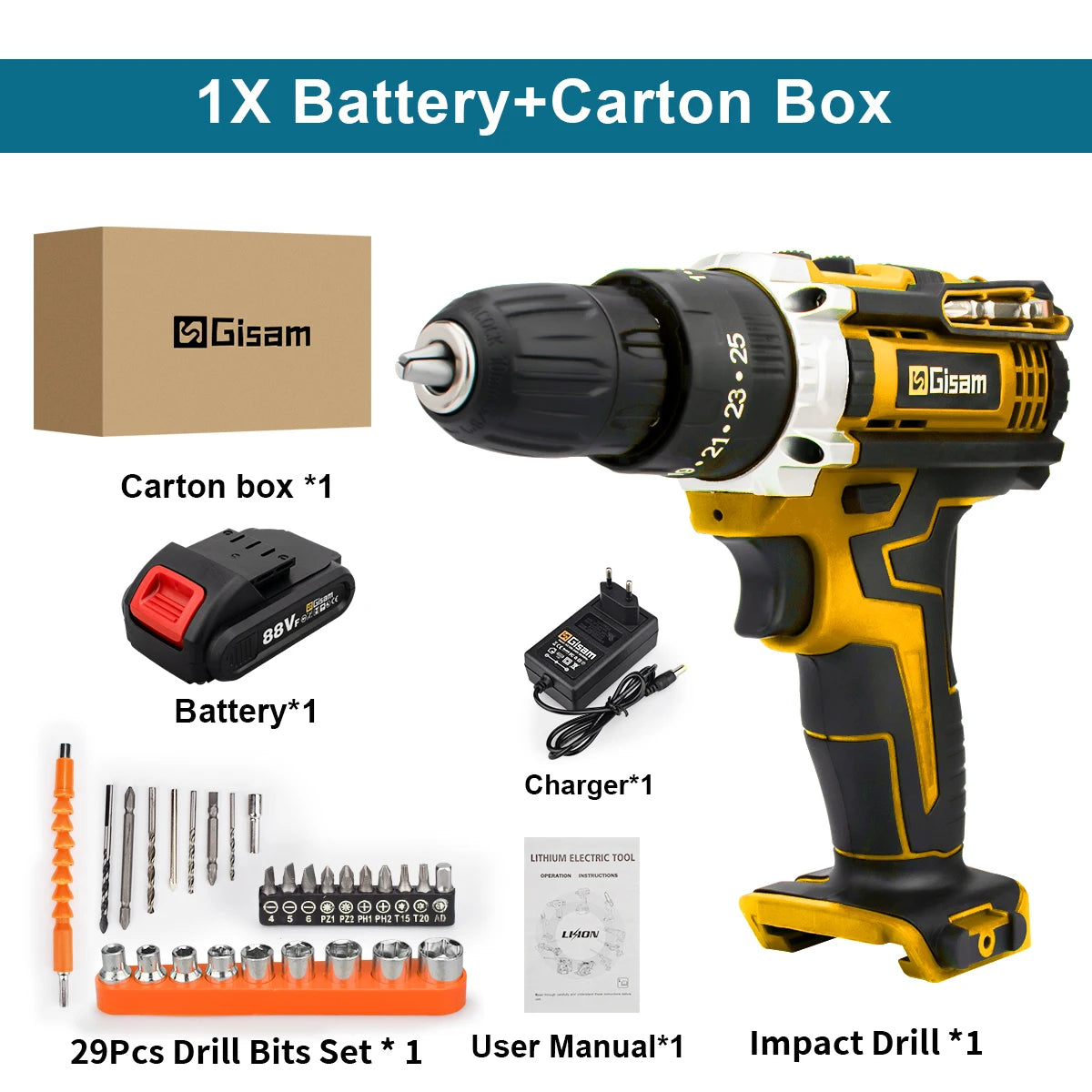 Gisam Cordless Drill Rechargeable Electric Screwdriver Electric Drill Mini Wireless Hand Drill Lithium-Ion Battery Power Tools