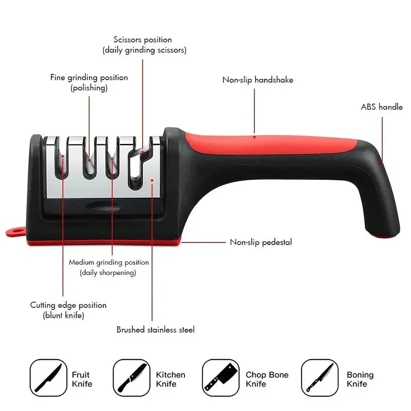 4-Stage Kitchen Knife Sharpener - Diamond & Ceramic Rods, Tungsten Steel Blades - Easy Manual Sharpening Tool for Home Use