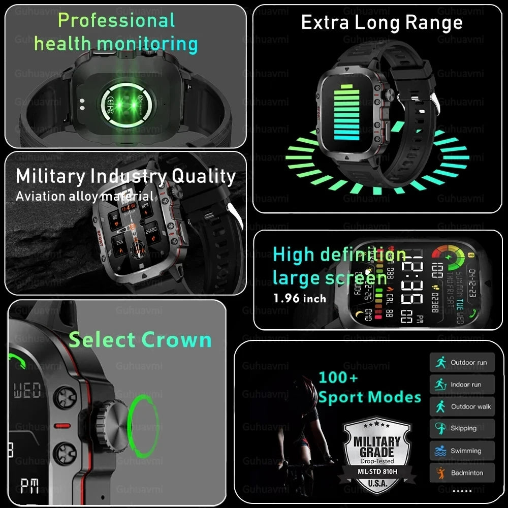 Military GPS Tracker Smart Watch Men IP68 5ATM Outdoor Sports Fitness Tracker Health Monitor 1.96" BT Call Smartwatch For Xiaomi