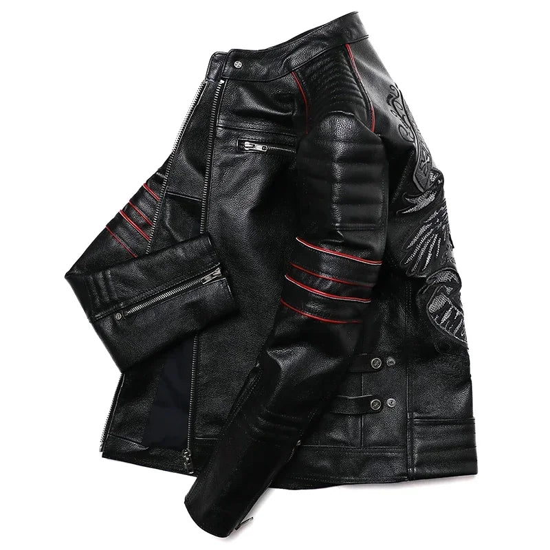 2025 New Embroidery Skull Fashion Genuine Leather Jacket Men's Natural Cowhide Motorcycle Jacket Slim Moto Coat Size S-6XL