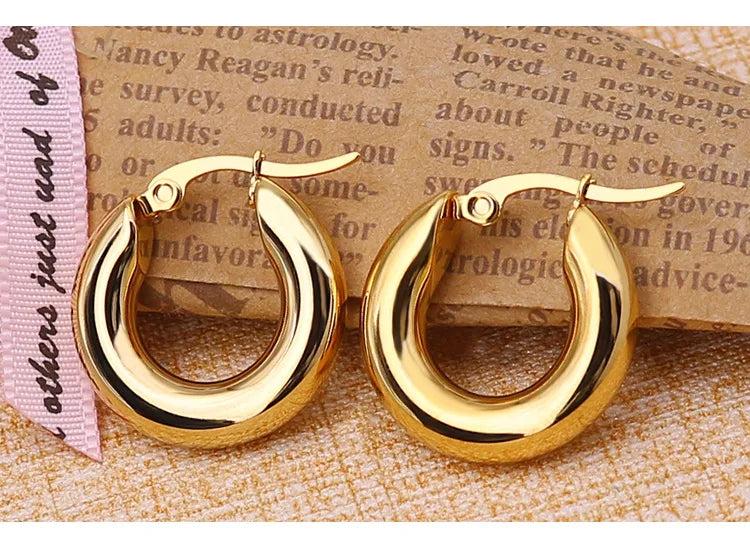 Surgical Steel Gold Color Tone Women Fat Chunky Earrings Stainless Wives Round Smooth Thick Hoops Statement Jewelry 20mm/25mm