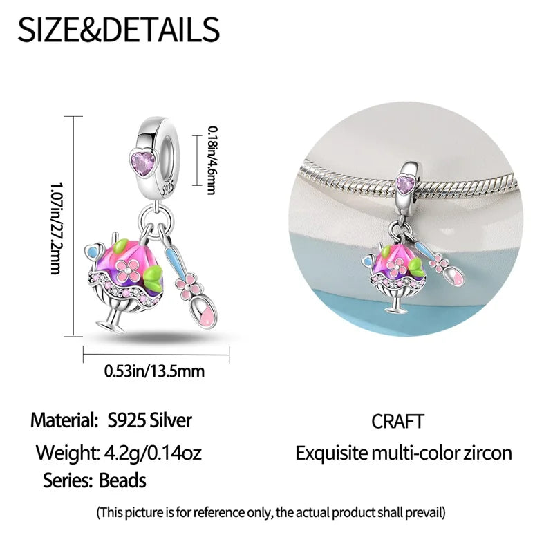 925 Silver Charms Beads Fit 3mm Original Bracelet Game Machine Box Afternoon Tea Dessert Romantic Pink Pendant DIY Jewelry