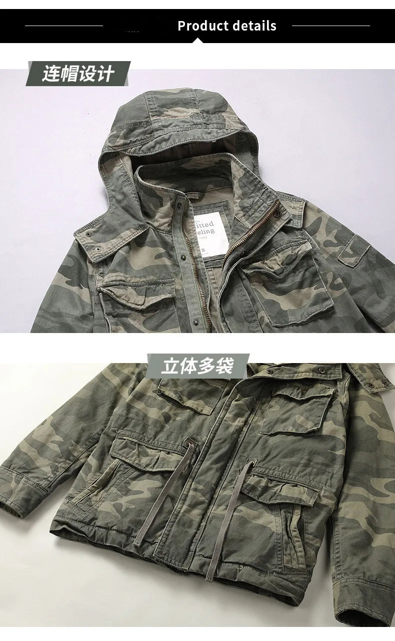 Men's Long Sleeved Hooded Camouflage Jacket Multi Bag Mid Length Storage Outdoor Trekking Camping Riding Sport Tops Amekaji Coat