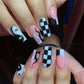 24ps/Box Long Ballerina Full Cover Artificial French False Nails Art Green Graffiti Color Blocking Gold Thread Fake Nail Tips