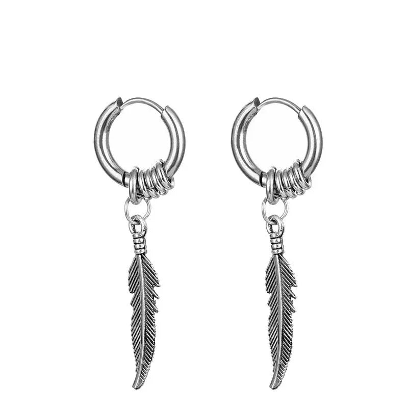 2pcs Fashion Cross Feather Stud Earrings, Punk Rock Style For Women Men High Quality Stainless Steel Hiphop Ear Jewelry