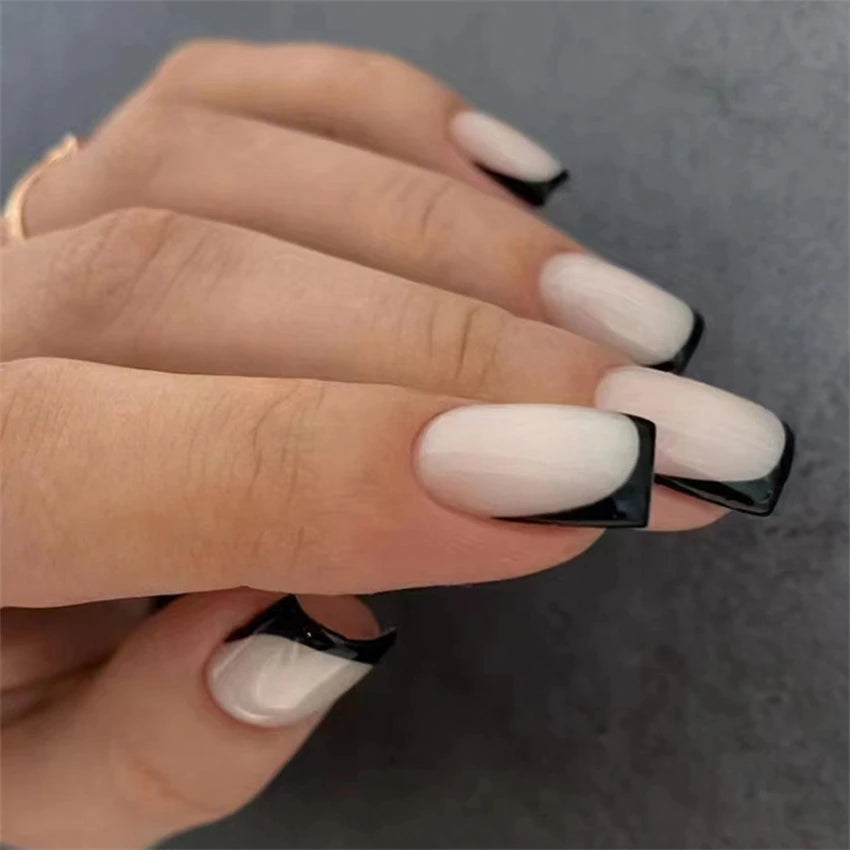 24Pcs Medium Long Ballet Fake Nails Art Flat Head Gold Line Frosted False Nails Press on Full Cover Removable Stick on Nail Tips