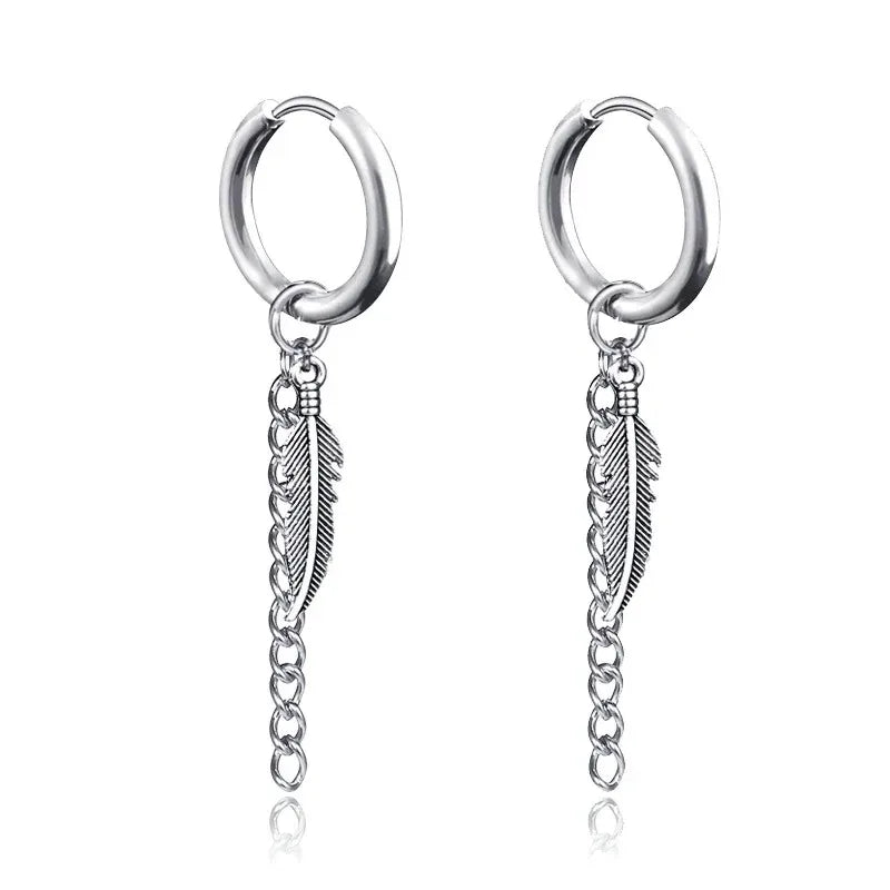 2pcs Fashion Cross Feather Stud Earrings, Punk Rock Style For Women Men High Quality Stainless Steel Hiphop Ear Jewelry