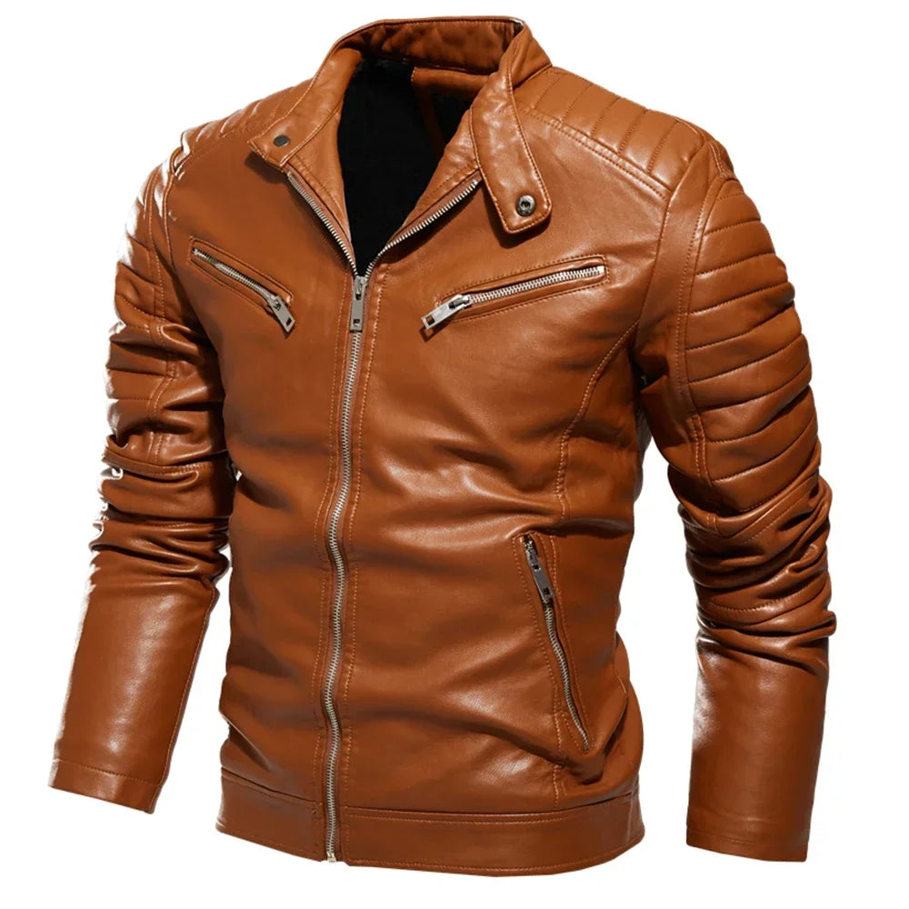 2024 Winter Black Leather Jacket Men Fur Lined Warm Motorcycle Jacket Slim Street Fashion BLack Biker Coat Pleated Design Zipper
