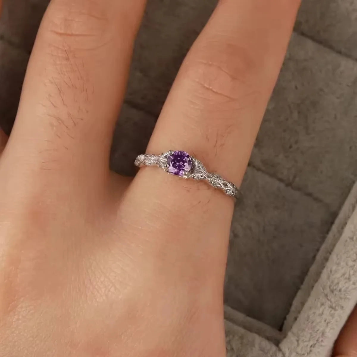 Silver Luxury Style Amethyst Zircon Women's Ring From Europe And America, Simple And Fashionable Gemstone Temperament Ring